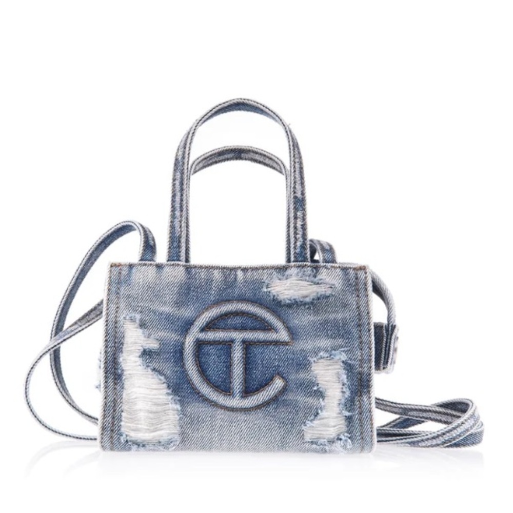 Telfar small distressed denim shopper bag